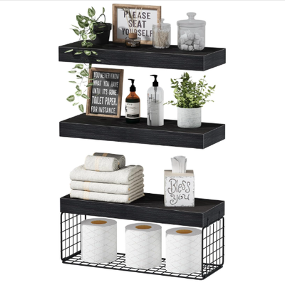 Bathroom Shelves Over Toilet - Wall Mounted Floating Shelves Toilet Paper Storage Small Farmhouse Decor Shelf 16 inch Set of 3 - 6.7" x 15.7" x 1.5"/Black